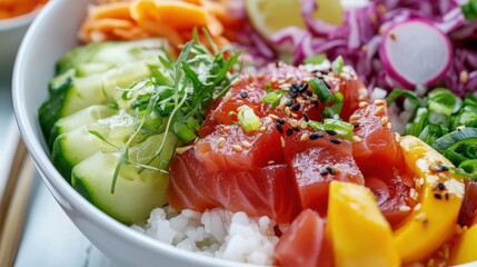 A close-up of a colorful poke bowl, featuring fresh fish, vegetables