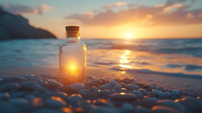 Glass message bottle rests among smooth pebbles as gentle waves roll in. Sunset lighting creates nostalgic mood in cinematic coastal scene with golden hour ambiance.