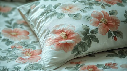 A floral-patterned pillow rests on a matching bedspread, featuring soft pastel colors and a serene, inviting design.