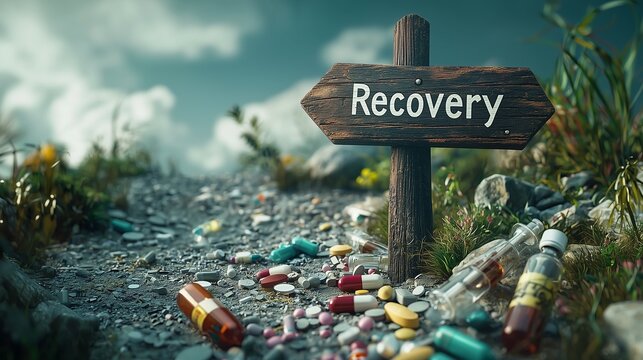 Path to recovery with scattered pills symbolizes overcoming addiction.