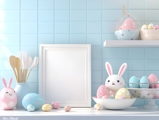 Easter Bunny Mockup: A charming kitchen scene adorned with Easter decorations, a playful bunny figurine with eggs, and a blank photo frame for your creative designs.