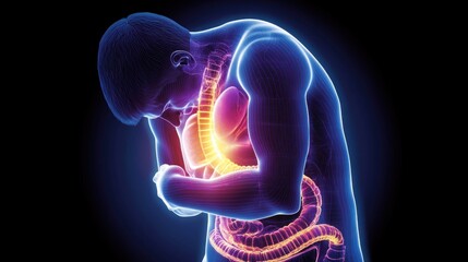 A glowing anatomical illustration of a human body highlighting the digestive system.