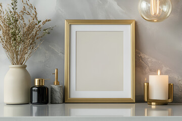 Golden Frame Mockup: Elegant gold frame mockup with a blank canvas, stylishly arranged with dried flowers, a candle, and a dark bottle, offering a sophisticated and minimalist aesthetic.