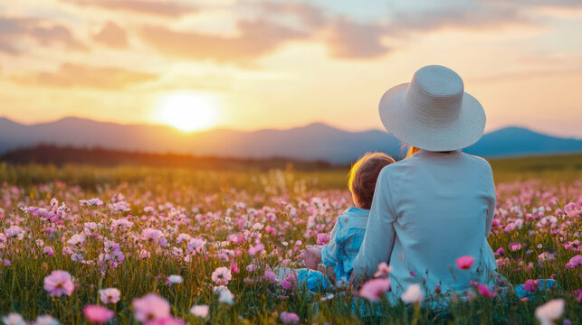 Mother and Child Watching Sunset in Flower Field: A Serene Moment of Family Togetherness