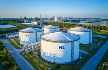 Aerial shot of a coastal refinery showcasing large white hydrogen storage tanks, complex pipelines, and industrial infrastructure. A large vessel is visible offshore.