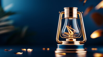 Illuminated gold lantern with a paper crane inside, set against a dark blue background. Elegant and serene.