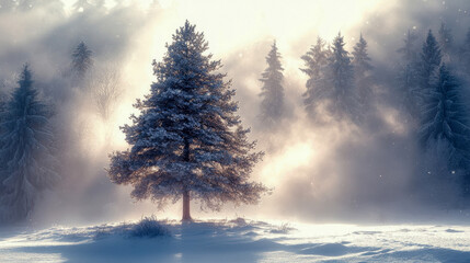 Fototapeta premium Solitary Snow-Covered Pine in Misty Winter Forest: A Breathtaking Sunrise Landscape