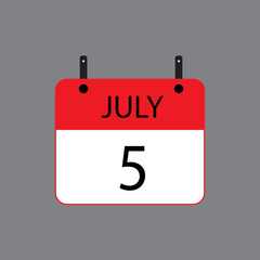 Calendar icon with July 5th date on grey background. Vector schedule symbol.