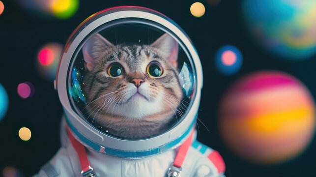 A charming cat in a space suit gazes at colorful planets, embodying a whimsical blend of adventure and curiosity in outer space.