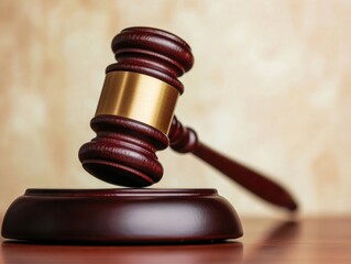 A close-up of a wooden gavel resting on a sound block, symbolizing justice and law in a courtroom setting.