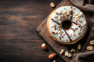 Hazelnut Donut Delight: A delectable donut with a creamy white icing, generously topped with chopped hazelnuts and drizzled with chocolate, rests on a rustic wooden board.