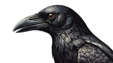 Close-up of a black crow head with detailed feathers isolated on transparent background
