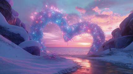 
Heart-shaped archway, white snow on the ground with pink and purple lights shining through it, sky-blue ocean in the background, fantasy style, dreamy colors, glowing light effects.