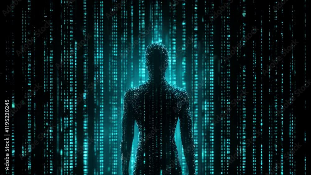 Poster a human silhouette over background of holographic binary code, showing the fusion of human conscious