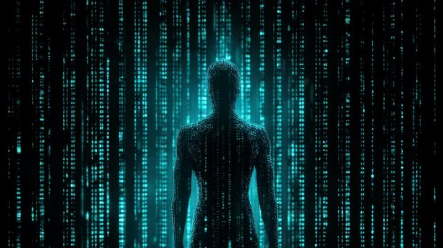A human silhouette over background of holographic binary code, showing the fusion of human consciousness and digital data