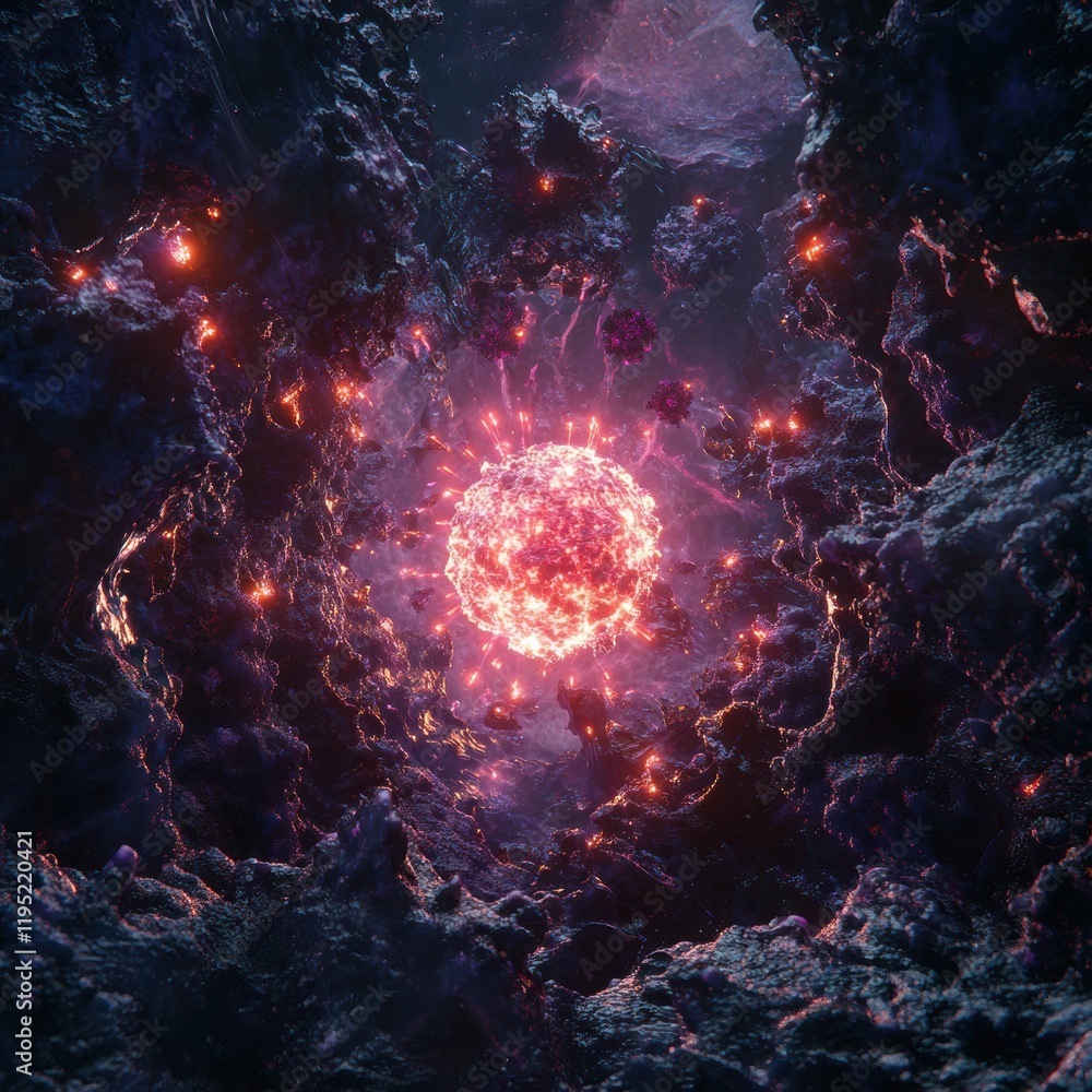 Poster glowing cell illuminated at the center surrounded by numerous threatening viruses in a dark environm