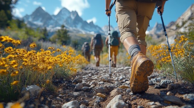 Energetic group of hikers using walking sticks on a sunny trail