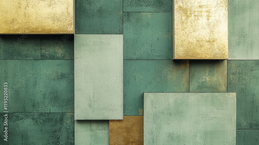 Poster a striking arrangement of geometric squares in muted green and gold captures attention with its eleg
