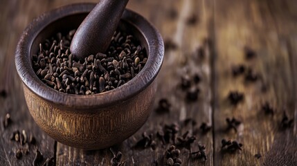 Natural Wooden Bowl with Freshly Ground Spices, Dark Seeds, and a Wooden Pestle on Rustic Wooden Table, Perfect for Culinary and Gourmet Illustrations