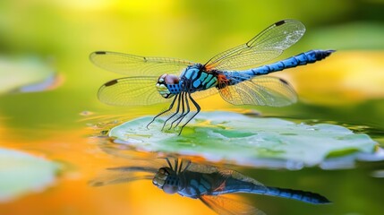 Vibrant Dragonfly on Lily Pad Reflection