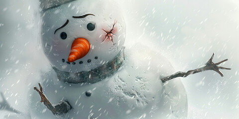 Damaged Snowman in Snowstorm