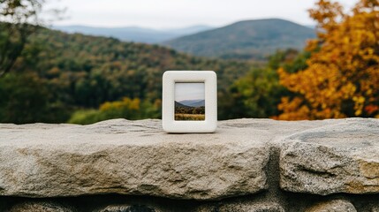A small picture frame sits on a stone ledge, overlooking a mountainous landscape adorned with autumn foliage.
