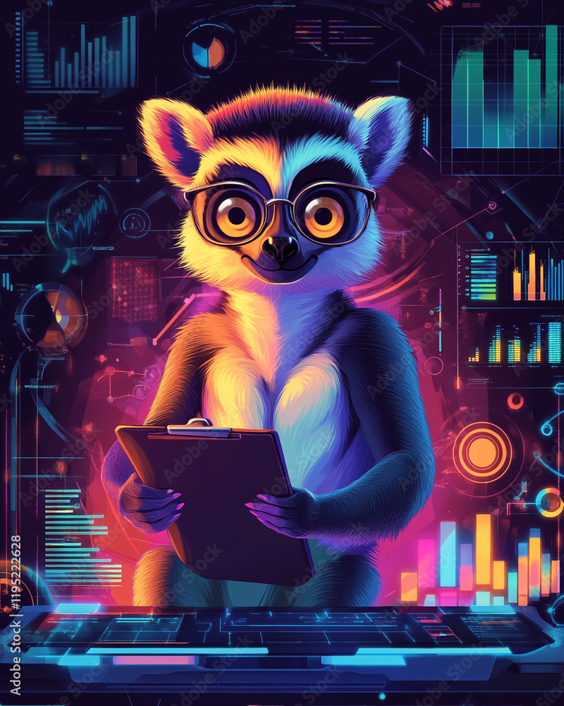 Poster Lemur Analyst in a Vibrant High-Tech Data Dashboard Environment