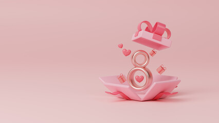 Obraz premium International Women's Day, Number eight with spring flowers and congratulatory inscription. Bright greeting card design. March 8 women's day design. Holiday and celebration metaphor. 3d rendering