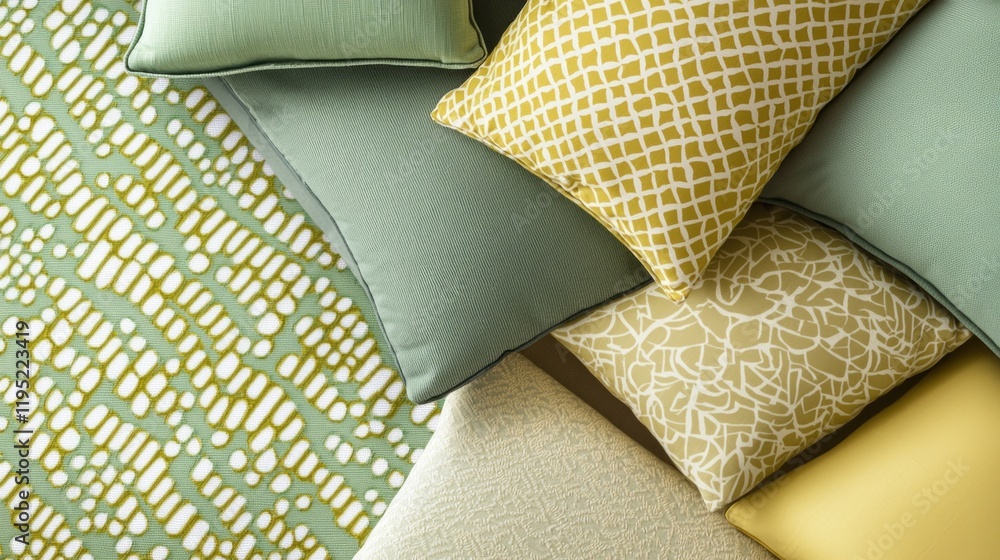 Poster Soft sage green fabrics and vibrant yellow pillows create a harmonious display of geometric patterns. The combination brings warmth and comfort to any living space, inviting relaxation and creativity