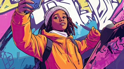 Youthful Person Taking Selfie Against Graffiti Wall