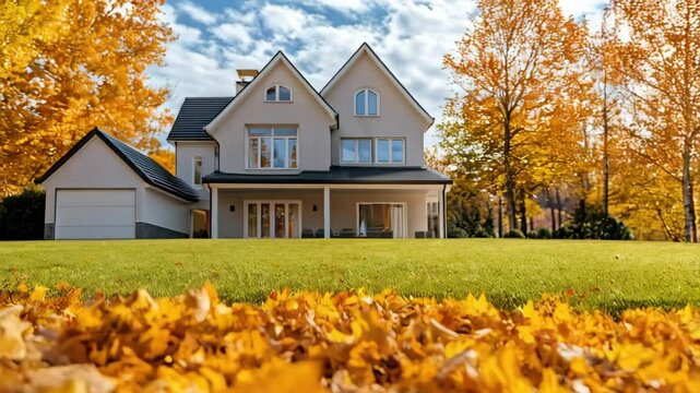 pile of autumn leaves in a backyard of modern house