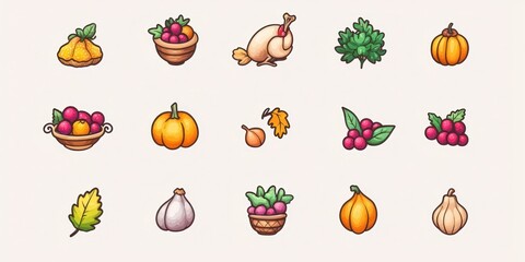 Colorful Thanksgiving icon collection with symbols of the holiday, like cornucopia, roasted turkey, and cranberries