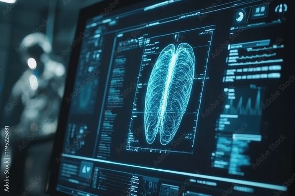 Poster Diagnostic medical data displayed on a high tech screen showing lung analysis and health metrics in a clinical setting. Generative AI