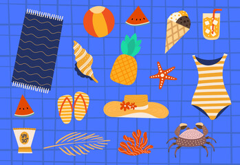 Cute Doodle Summer Picnic Clipart, Fun Holiday, Umbrella Beach, Hawaii Vacation, flip flop, Summer Icons and Summer Poster Sale Background Isolated Vector