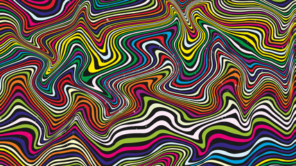 Vector illustration. Abstract colorful waves with psychedelic wavy lines. Multicolored marble texture. Liquid distortion for web banners, horizontal wallpapers, or groovy backgrounds