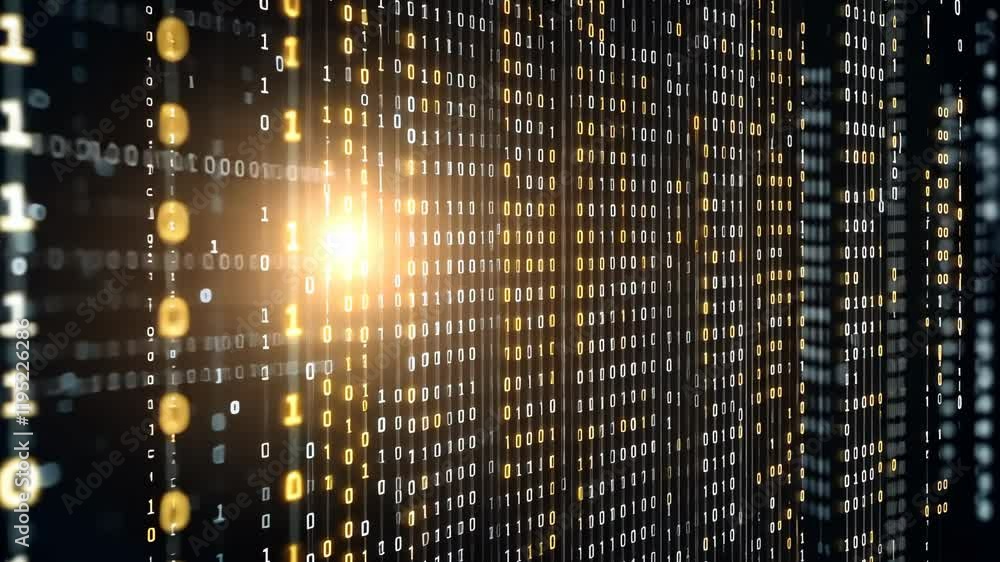 Fototapete The stream of golden binary code flows against a dark backdrop, creating a mesmerizing visual effect of digital information in motion