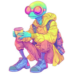 Obraz premium Colorful alien character in trendy streetwear with coffee