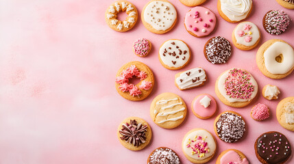Sweet Treats Collection: An assortment of delectable iced cookies, decorated with colorful sprinkles and drizzles, arranged artfully on a pink background. Perfect for blogs, websites.