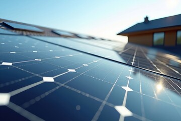 A close-up view of a solar panel on a modern home, showcasing its sleek design and high-tech surface with incredible realism, reflecting the advanced technology and sustainability of contemporary arch