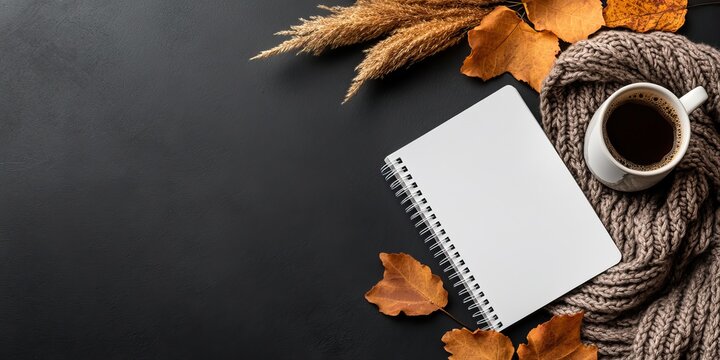 A cozy autumn scene featuring a blank notebook, a coffee cup, dried leaves, and decorative wheat on a dark surface.