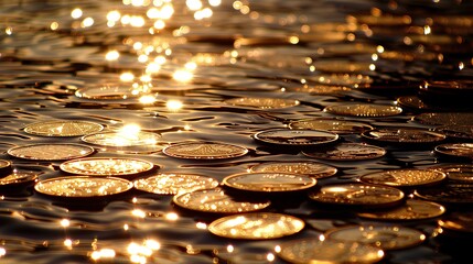 Close-up photograph of countless floating gold coins on water surface, luxurious golden tones,  sparkling reflections,  rippling water