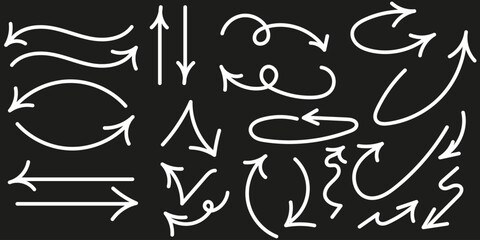 Set of white hand drawn arrows of different shape. Design element.