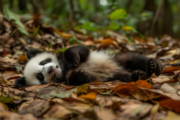Naklejka premium Adorable giant panda cub sleeps soundly amidst autumn leaves in its natural habitat. A heartwarming wildlife image perfect for nature documentaries, children's books, or conservation campaigns.
