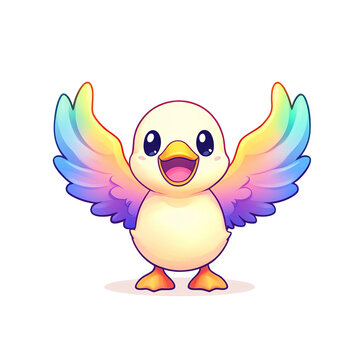 Joyful rainbow bird spreading happiness colorful animation bright background whimsical concept