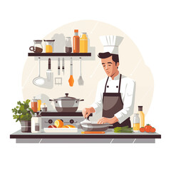Chef preparing food at a kitchen counter with various vegetables and ingredients, digital background illustration for website and UI design
