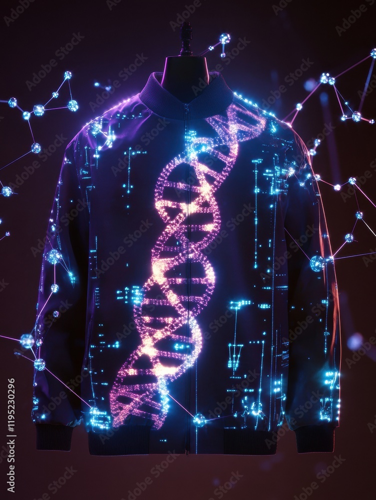 Poster glowing dna double helix illuminated in a futuristic molecular design on a black fabric. generative 