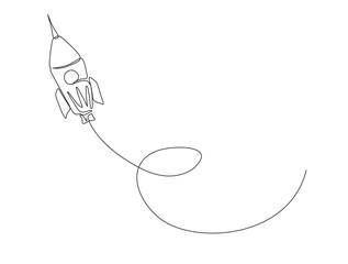 Continuous one line drawing of Rocket space ship launch - technology concept. Rocket fly to outer space in single line draw illustration. Editable stroke.