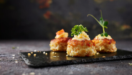 Mini baked crab cakes with garnish. Tasty meal. Delicious food. Cooking and culinary concept.