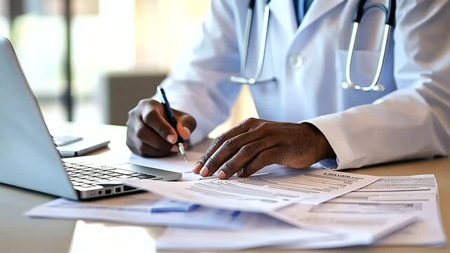 Doctor Reviewing Medical Insurance Claim in Clinic Setting