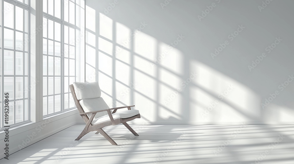 Poster minimalist scandinavian interior with bright sunlight streaming through a large window onto an isola